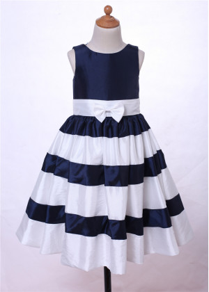 Navy Blue And Ivory Striped Taffeta Timeless Flower Girl Dress